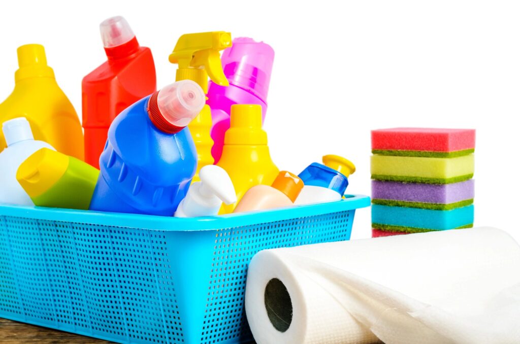 cleaning products and tools green white